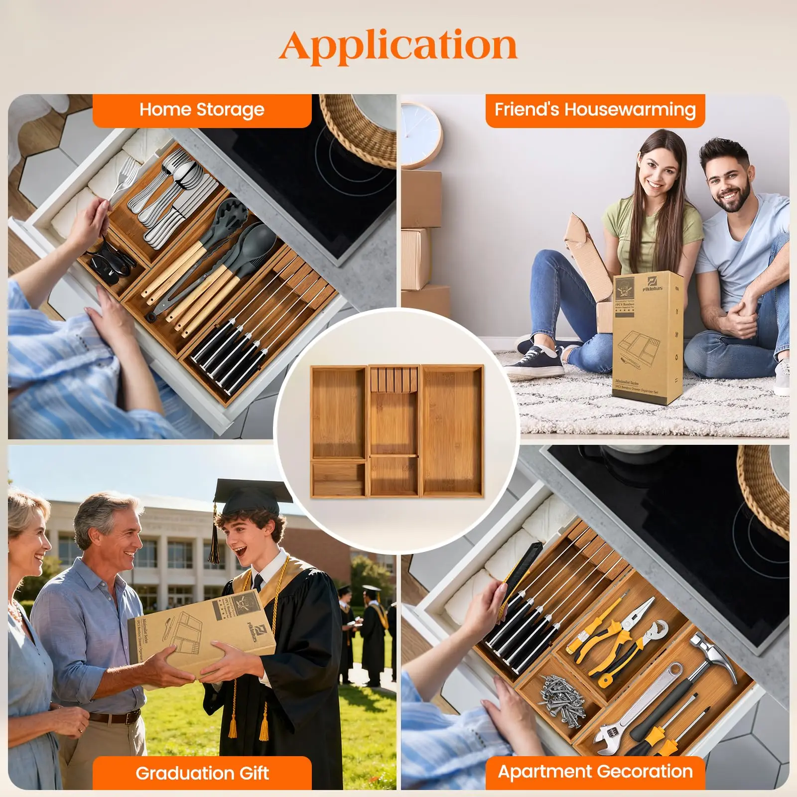 product bamboo drawer organizer 4 piece set carbonized non slip extra deep kitchen cutlery utensil storage tray silverware knife holder-8