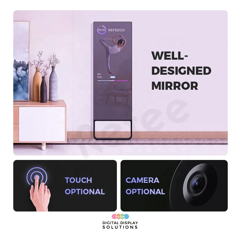 Modern Intelligent Interactive Mirror Smart Touch Screen Gym Workout Wall Mount WiFi Rectangle Design Metal LCD Display