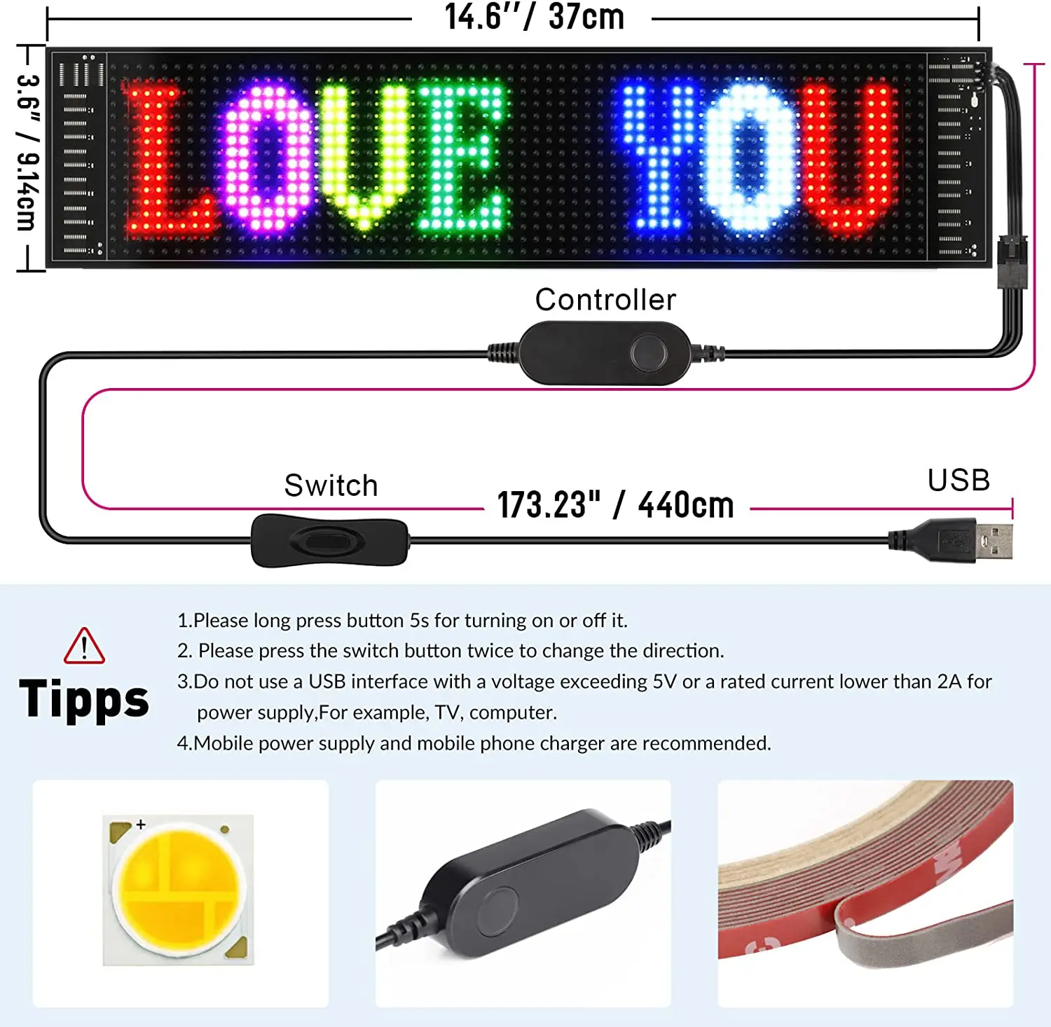 Scrolling Advertising LED Sign USB 5V LED Car Sign Programmable Sign Led Digital Screen Advertising Screen Store LED Display