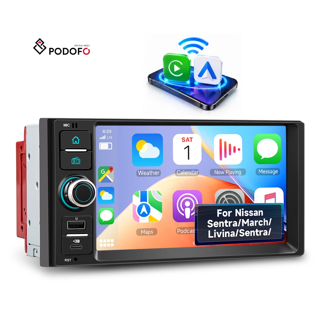 Podofo 7'' MP5 Player Wireless CarPlay Android Auto Car Stereo for Nissan Versa March Sentra 2013-2021BT EQ Phone Link OEM/ODM A4791