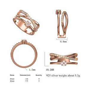 CAD CUSTOM New Elegant Temperament Zircon Ring Multilayer Link Cross Ring Fine Gold Plated Women Jewelry Design