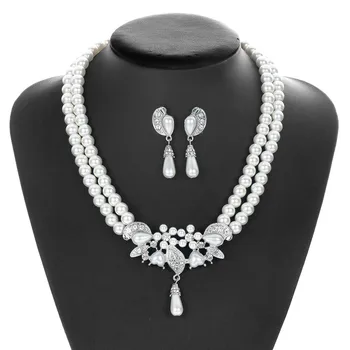 Platinum Plated Zircon Pearl Necklace and Earrings Set Ladies Wedding Dinner Jewelry Sets Nickel Free Women Luxury Jewellery