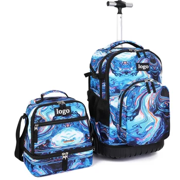 Large Capacity Children School Trolley Bag Wheeled School Rolling Backpack with lunch bag with painting pictures