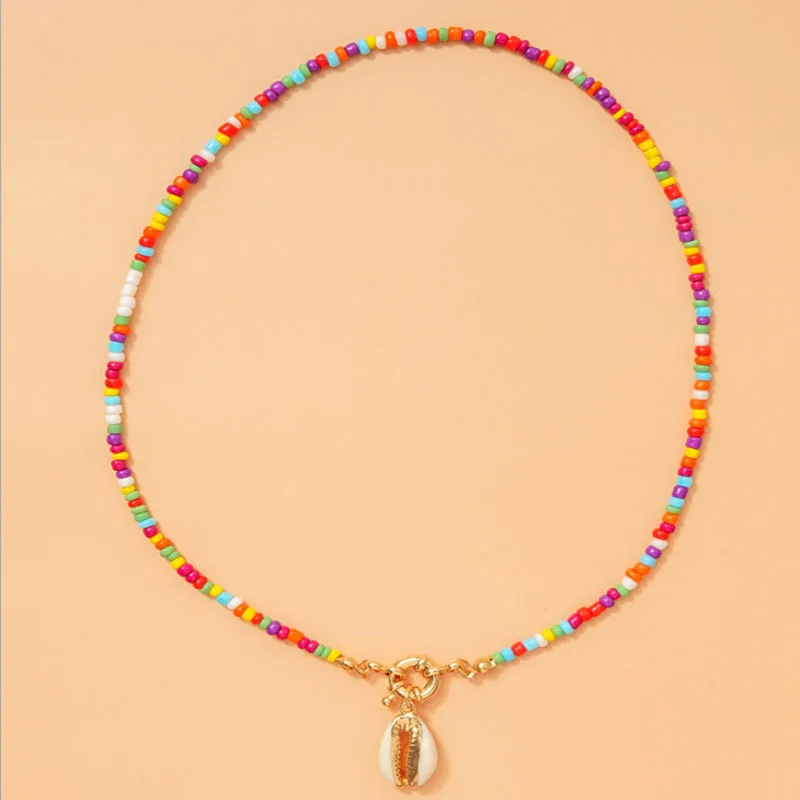 Zinc Alloy Shell Charm Bohemian Colorful Seed Bead Choker Necklace for Women Jewelry