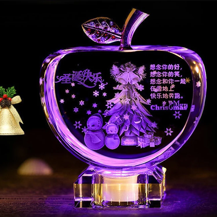 Souvenir Gifts 3D Laser Engraved Led Crystal Apple For Merry Christmas gifts