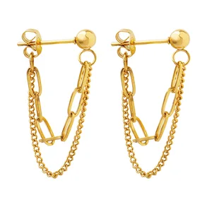 Wholesale Custom Fine Fashion Jewelry Stainless Steel 18K Gold Plated Double Layers Link Chain Earrings