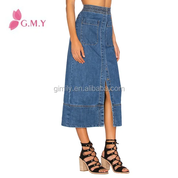Latest Design Skirts Long Denim Skirts Elastic Waist Opening Open Fork Hem OEM Jeans Wholesale