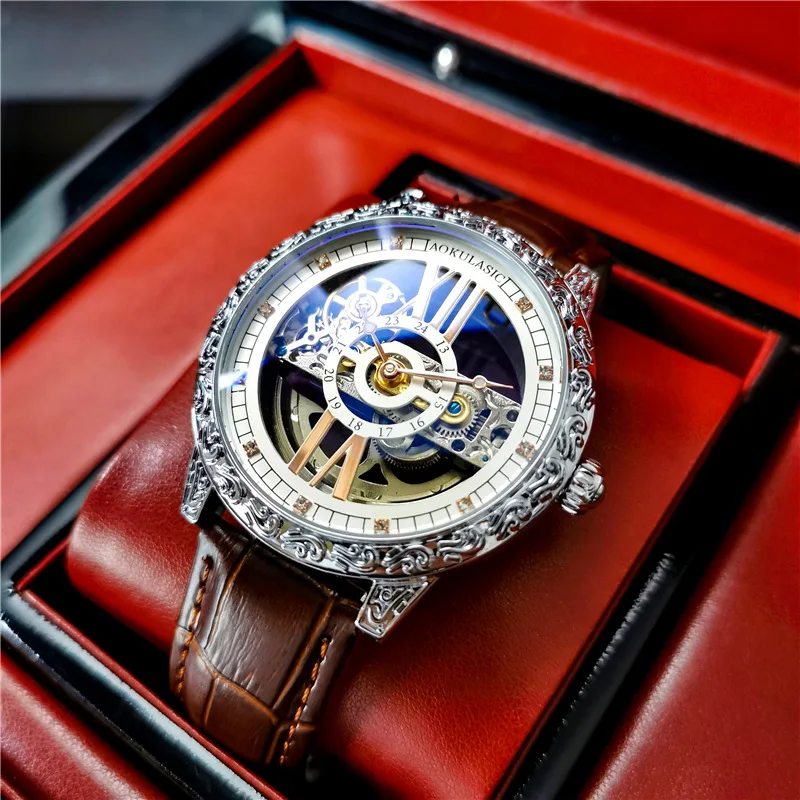 Large Number 360 Skeleton Dial and Case Back Full Black Vogue Engraved Flower Case Transparent Automatic Watch Mens
