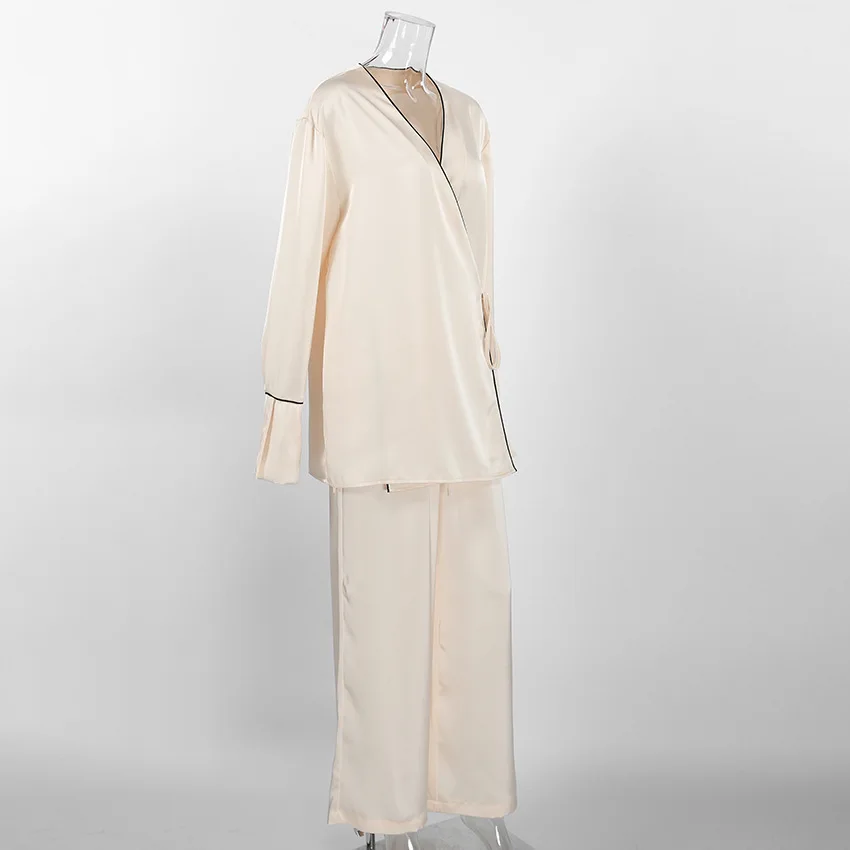 Womens Satin Pajama Set Soft Polyester Long Sleeve Wrap Pants Two Piece Loungewear — detail