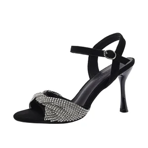 Stylish Comfortable Black Suede Summer Slip-On Sandals with Stiletto Heel Rhinestone Knot and Silver Buckle