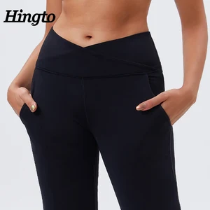 Wholesale Activewear Leggings for Women Black V Waist Gym Flared Yoga Leggings With Pockets Long Sleeve Yoga Pants