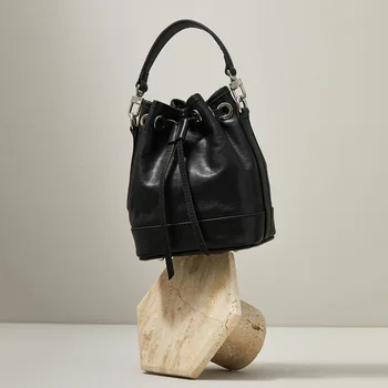 High-End Cowhide Bucket Bag Retro Niche Design Luxury Single-Shoulder Crossbody Handbag Genuine Leather