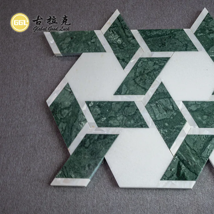 Polished Green White Marble Mosaic Mix Shell Tile Water Jet Stone Irregular Shape Mosaic Tile for Wall Floor Decor factory