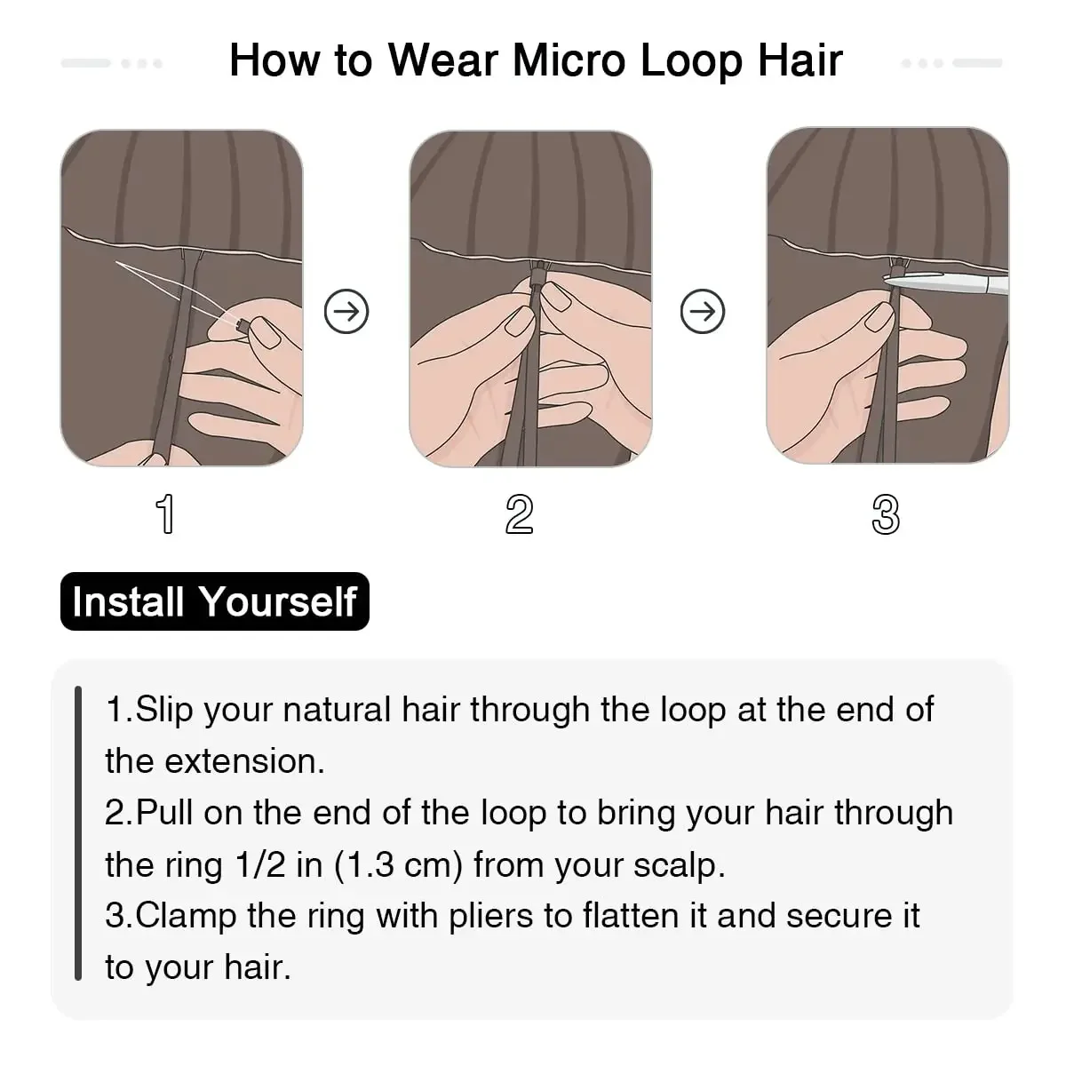 Extensii de păr Micro Ring, păr uman negru natural, cu perle Microlink, buclă dreaptă_voghion.com