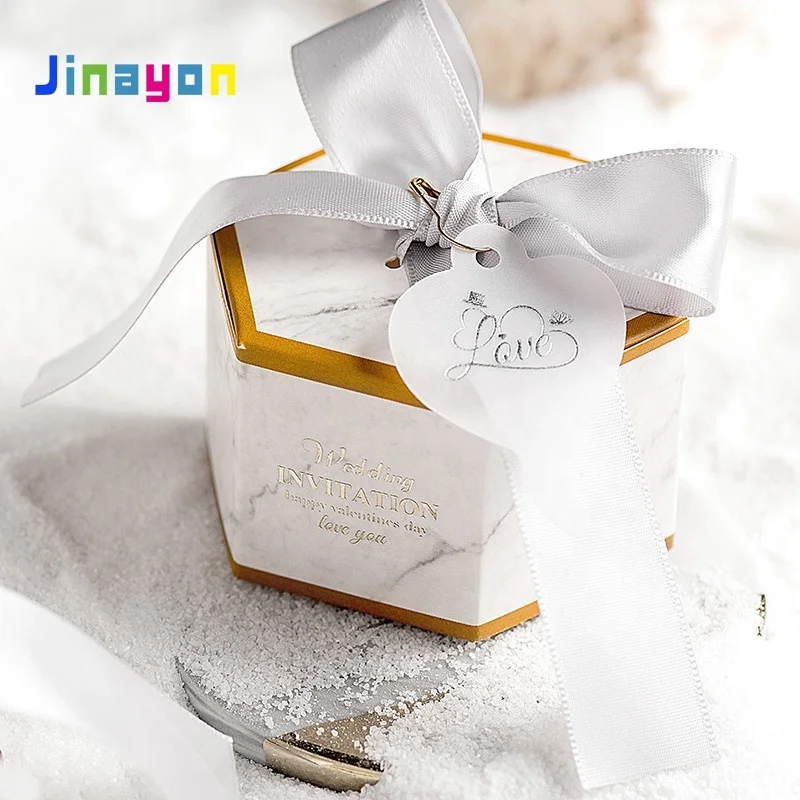 Caja hexagonal personalizada de alta calidad con diseño de nudo mariposa y relieve, caja regalo para azúcar y caramelos, ideal para bodas; productos de papel de calidad para alimentos