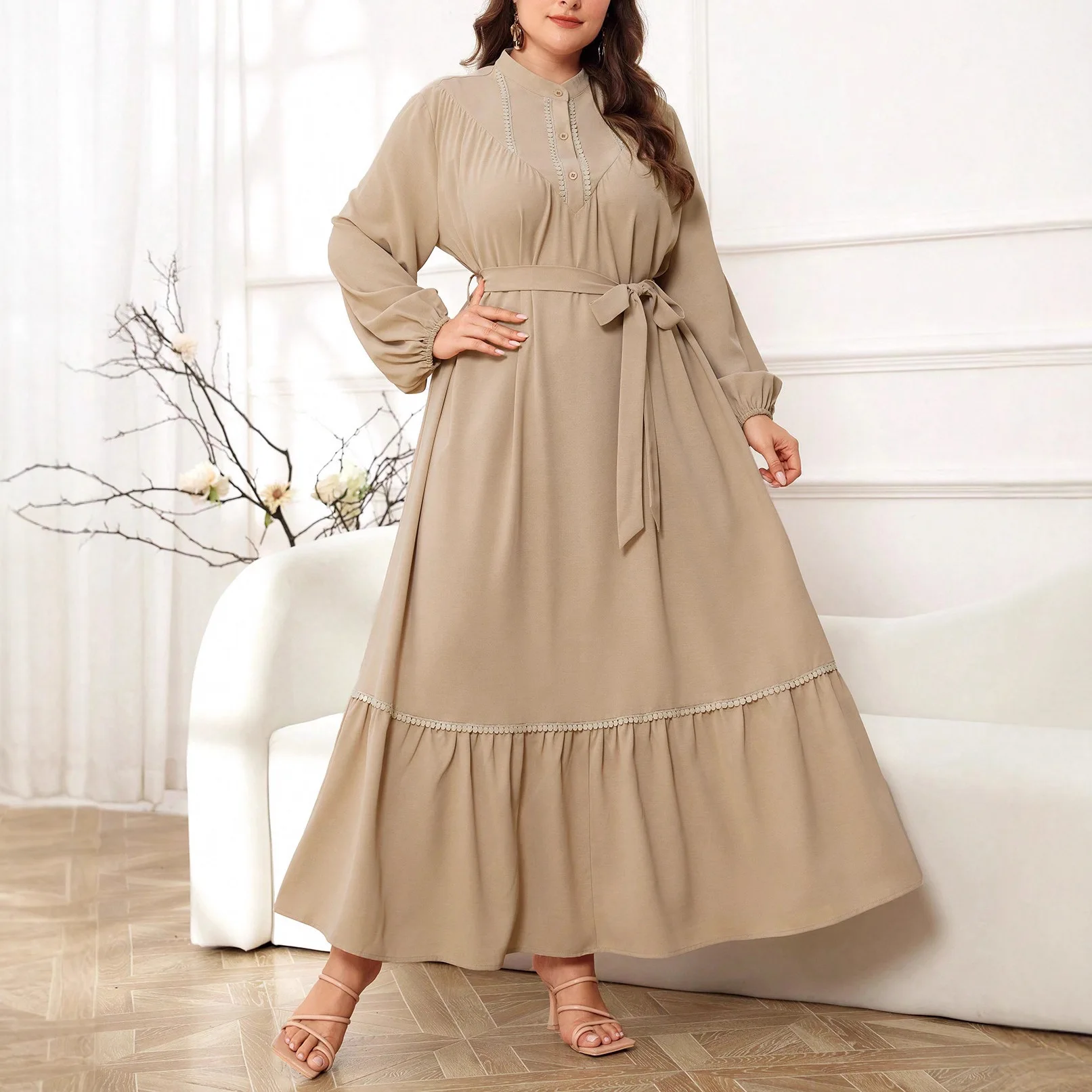 QS-2684 Plus-Size Elegant Simple Solid Color Empire Waist Dress Women New Autumn Collection Loose Slimming Over-the-Knee Dress