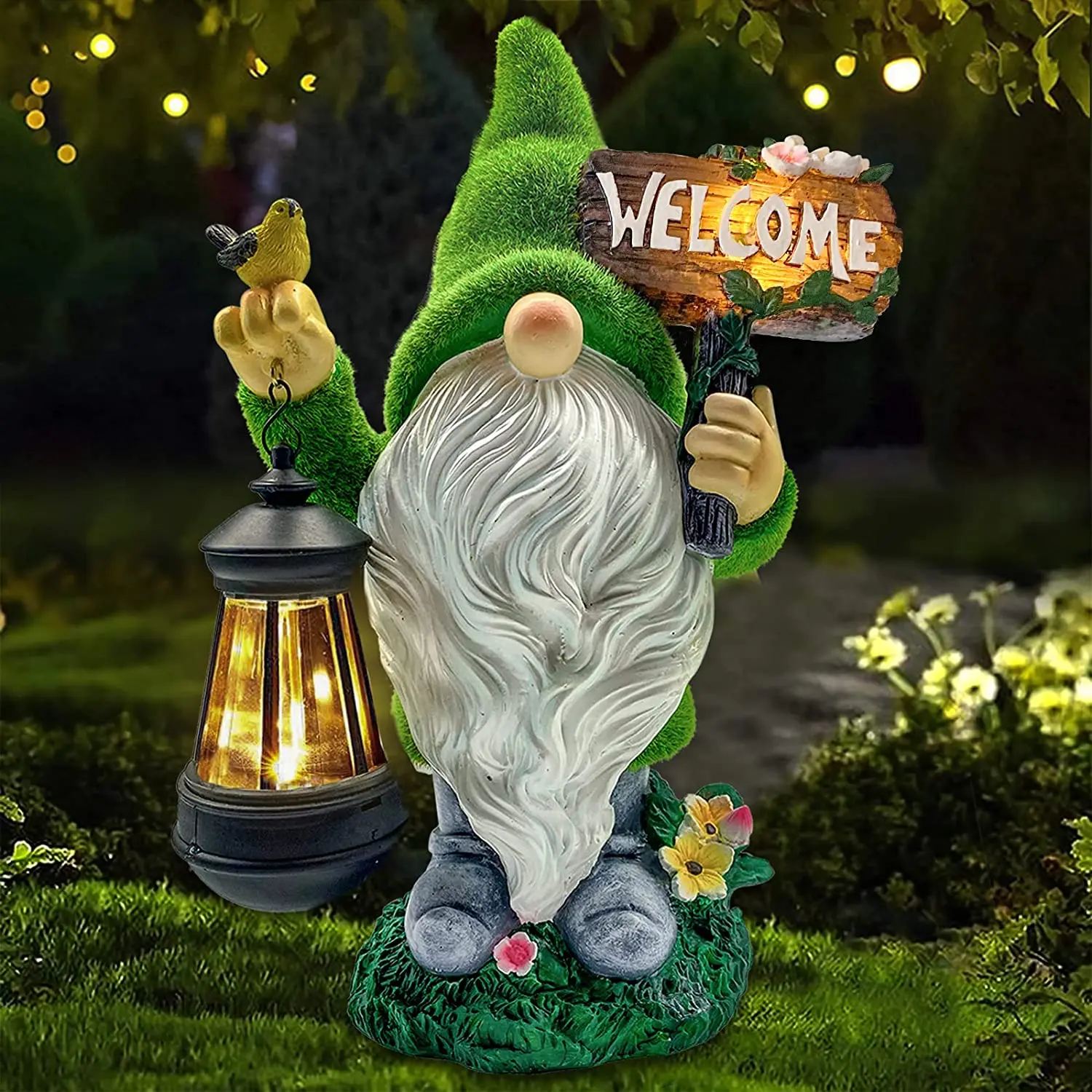 Garden Resin Statue Outdoor Decor Flocked Gnome With Solar Light 