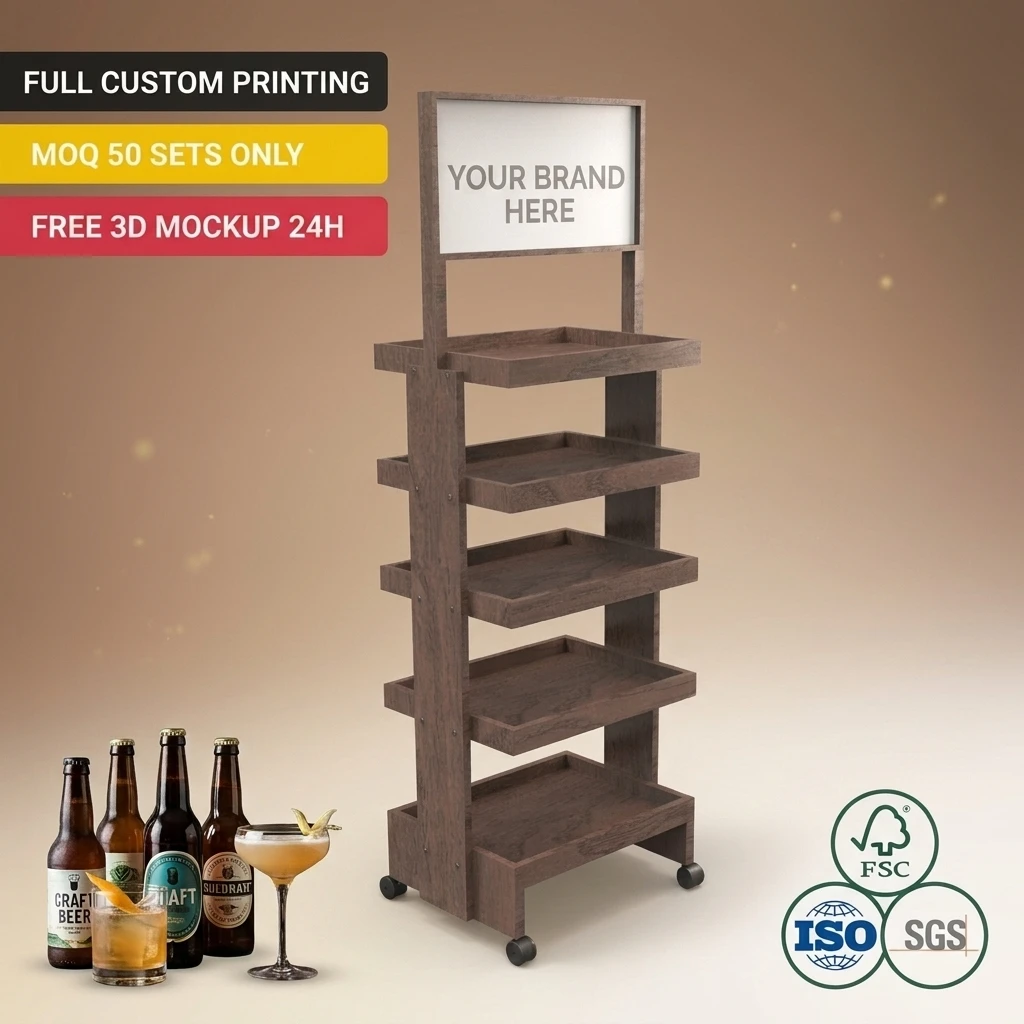 Suporte de Exibição em Madeira Personalizado para Cerveja Artesanal, Coquetéis e Vinhos em Lata ou Garrafa, Prateleira para Bares e Lojas Varejistas com Cabeçalho Personalizado com Logotipo, em Atacado — Fabricação sob Encomenda (ODM)