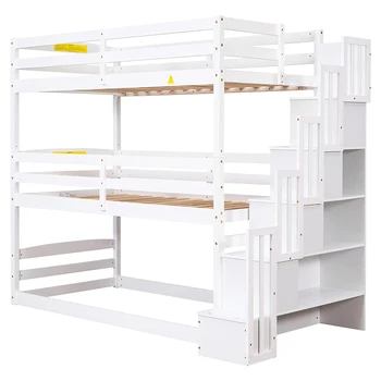 Modern Design 3 Tiers Solid Wood Bed Bunk Triple Pine Bunk Beds for Children