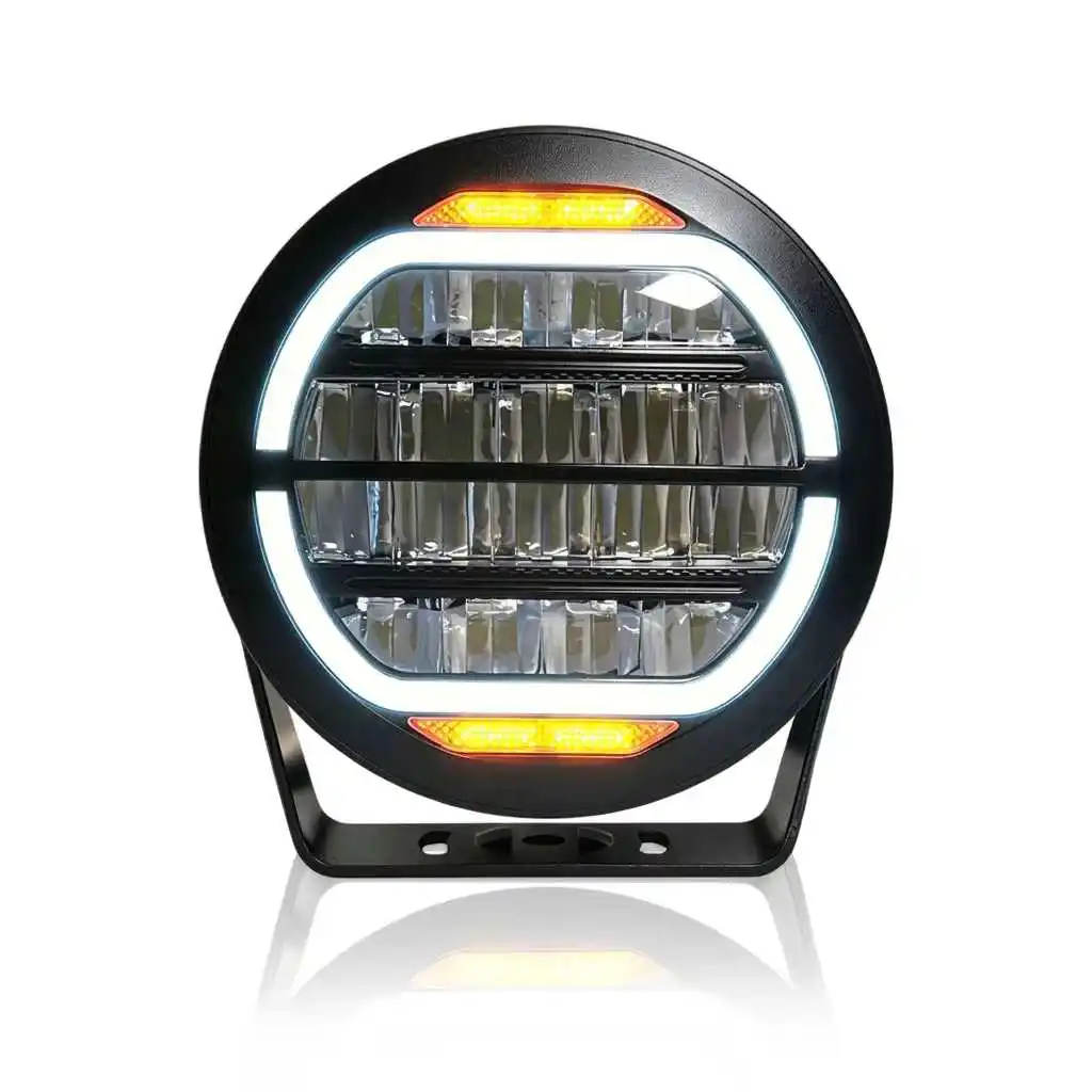 9 Inch 200W Round Motorcycle LED Spotlight Multi-Mode White Amber DRL Auxiliary Driving Light Fit for Jeep Offroad IP68