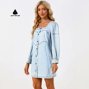 Spring Fall Women's Washed Shirt Denim Dress Casual and Fashionable Front Button Sleeve Loose Casual Ladies Quality Dress