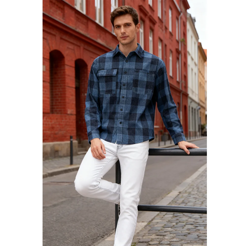 Hot Sales Polyester Cotton Men's Long Sleeve Blouse Square Grid Casual Shirt