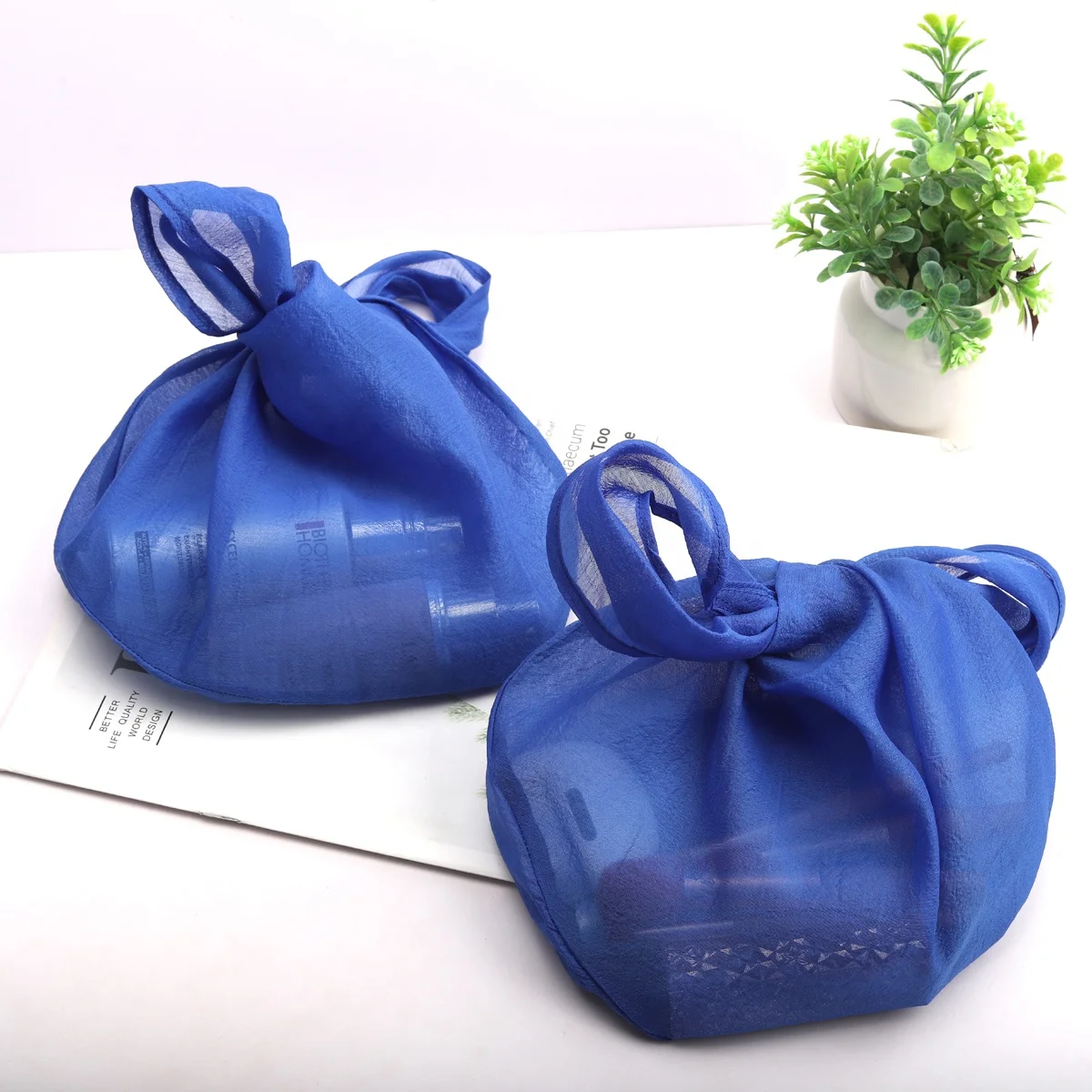 Custom Logo Printed Blue Organza Gift Bag Luxury Organza Pouch