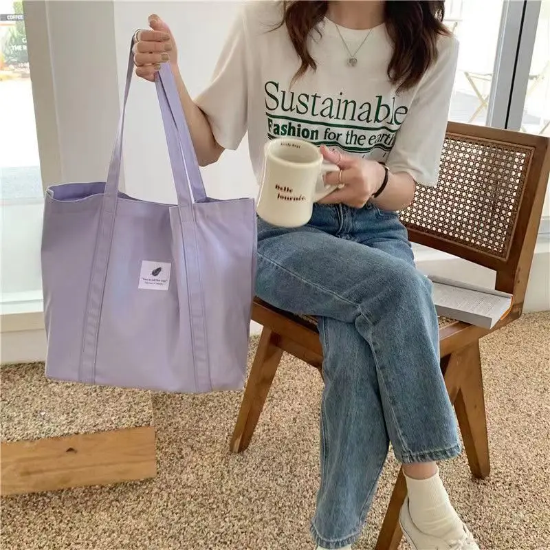 Wholesale Custom Printed Logo Simple Solid Color Shoulder Canvas Cotton Shopping Tote Bag With Woven Label