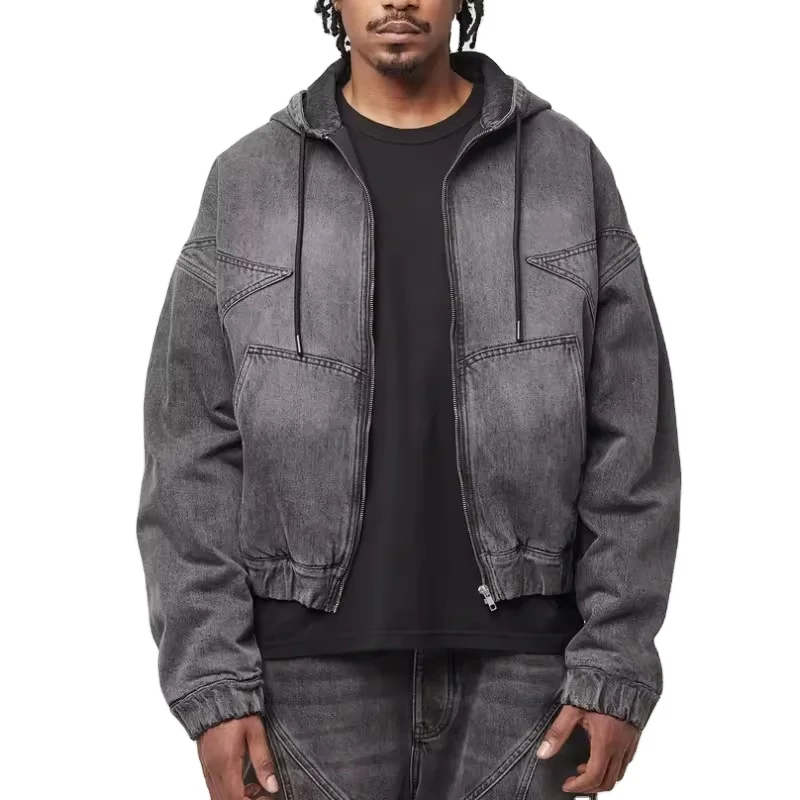 Custom Oversized Distressed Acid Washed Hood Denim Jean Jacket for Men ...