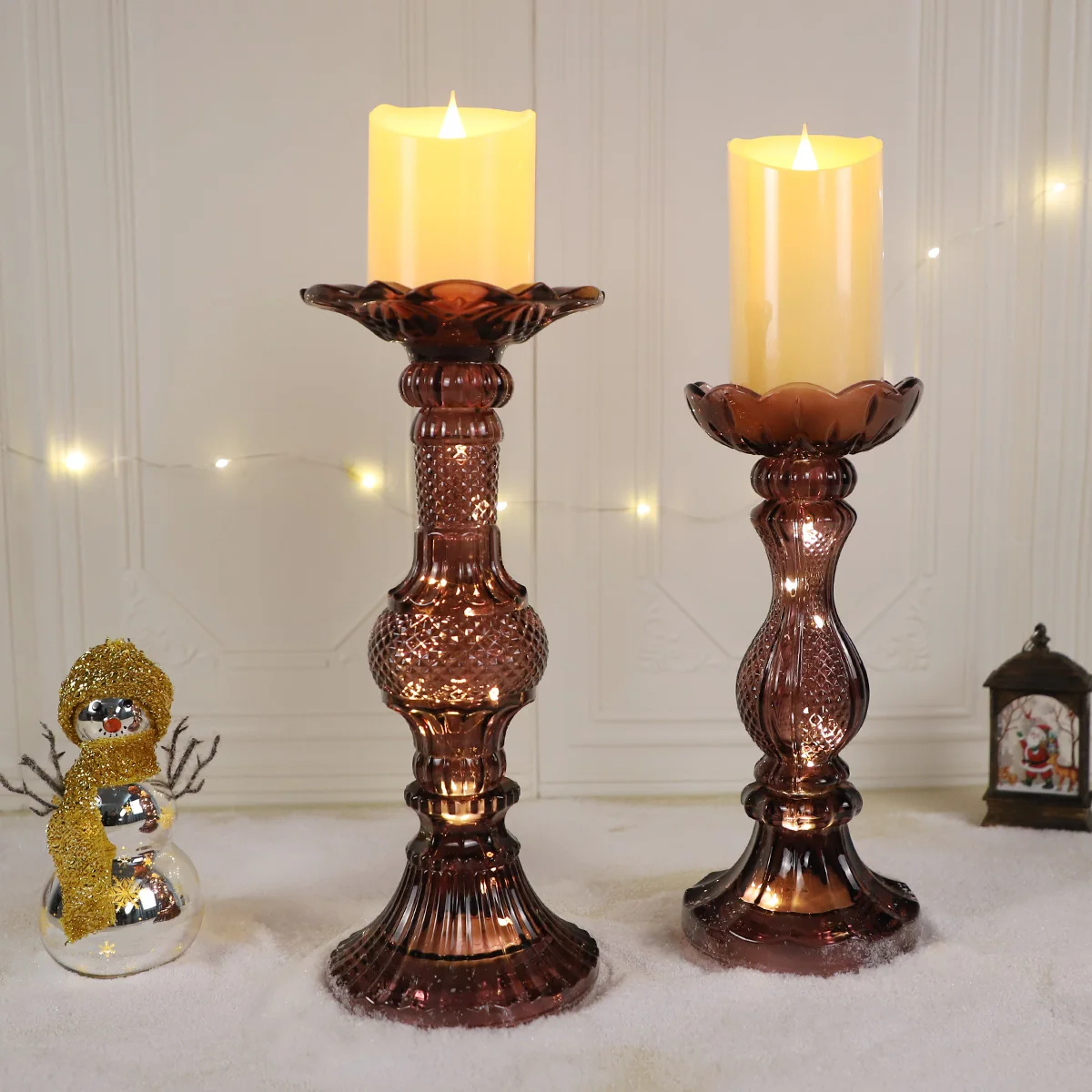 Wholesale custom antique home decoration tall red pillar flower led glass candle stand stick holder set for table centerpiece