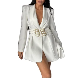Customize Solid Slimming Spliced Belts Woven V-neck Women's Blazer with Long Sleeves Single Button Breathable Design
