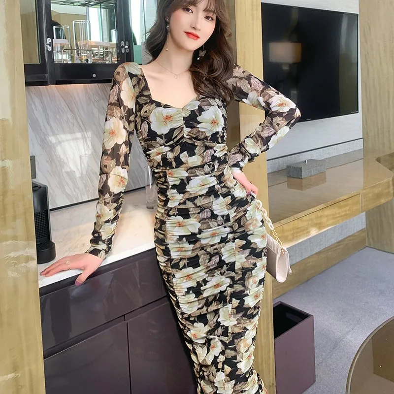 Zyht 4682 Floral Print Bodycon Midi Dress  Square Collar, Long Sleeve, Digital Printed, Eco-friendly