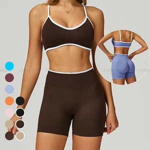 Custom Logo High Waisted Yoga Shorts Beauty Back Sports Bra Breathable Seamless Gym Fitness Workout Set with Contrasting Colors