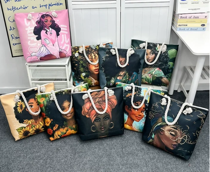 Sac Fourre-tout à Motif De Dessin Animé En Toile à Imprimé Portrait De Femme Africaine De Style Tendance