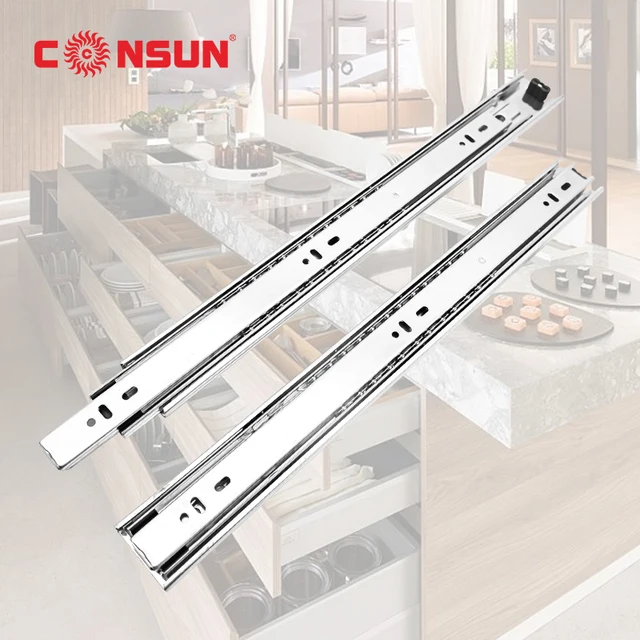 Furniture Hardware Fitting Full Extension Ball Bearing 3 Fold Telescopic Channel Rail soft close drawer slide and push to