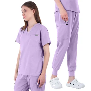 Women's Custom V-Neck Hospital Nurse Uniform Scrubs Polyester Rayon Spandex with Elastic Logo Scrub Sets
