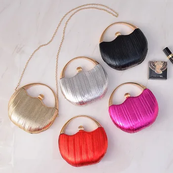 Factory Wholesale 2024 Salable Product Luxury Pu Leather Shiny Small Round Pleated Dinner Party Bag Women Evening Bags
