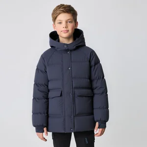 OEM Customized Winter Vintage Black Waterproof Windproof Thick Hooded Zip up Down Puff Jacket for Kids