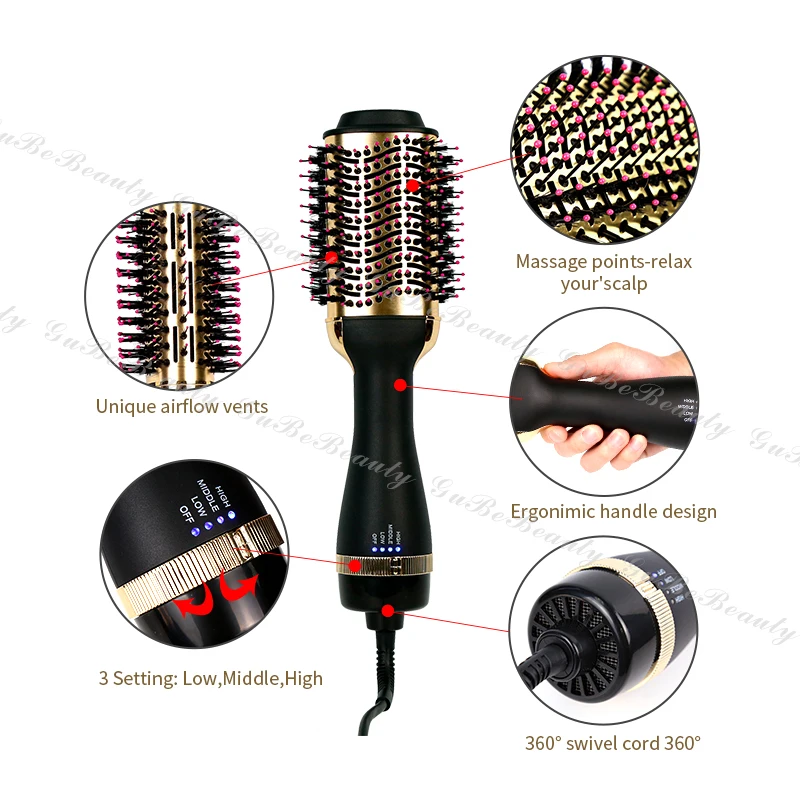 Gubebeauty 360 degree swivel cord hair dryer curler straightener compact 3 in 1 electric hair brush 