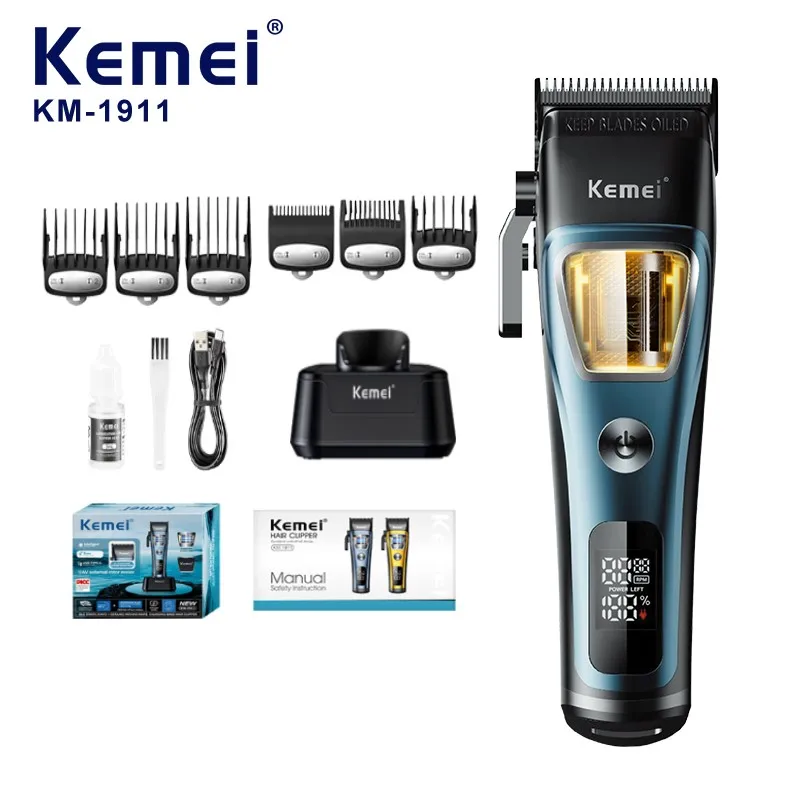 Kemei Km-1911 Tondeuse à cheveux sans fil avec lame en acier inoxydable réglable, 2500 mAh, 7500 tr/min, 5 W, station de recharge incluse