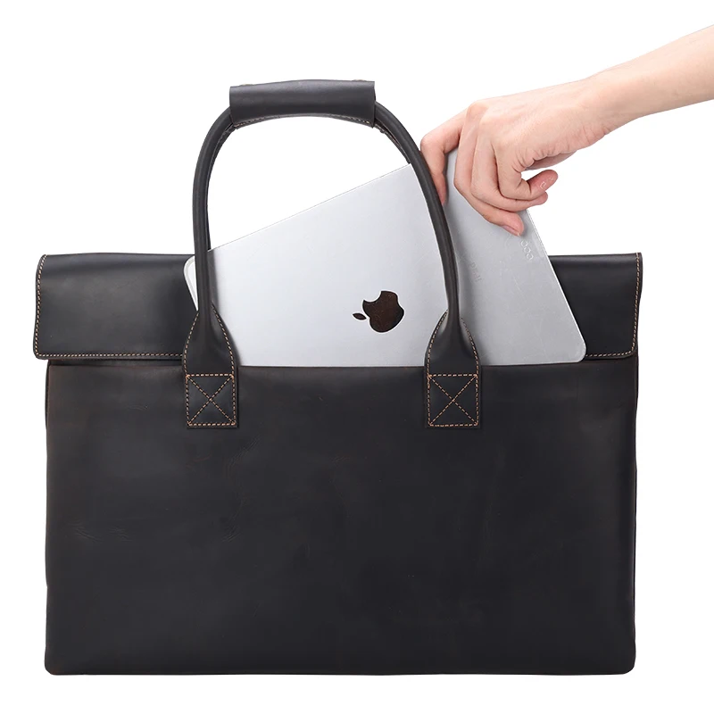 New Design Customized Logo Simple Style Genuine Leather Bag for Men Brief Case Full Grain Crazy Horse Leather Briefcase