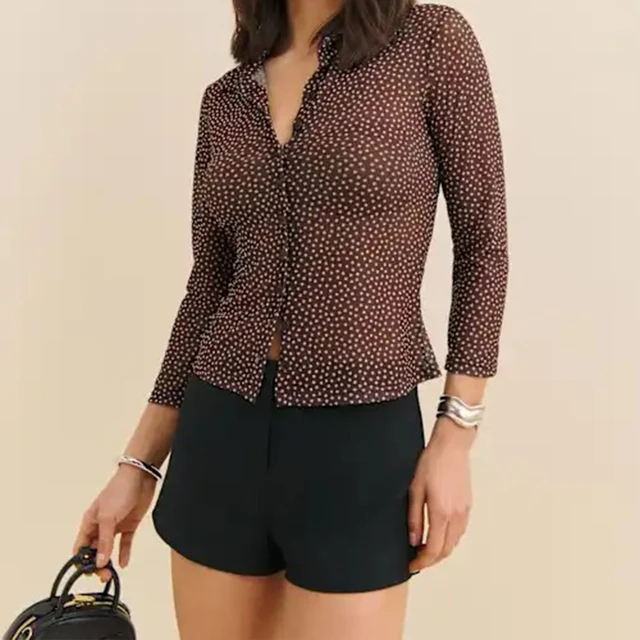 Premium Polka - Dot Brown Top, Slim - Fit Design, Button - Down, High - End Women's Wear for Chic Office & Daily Looks