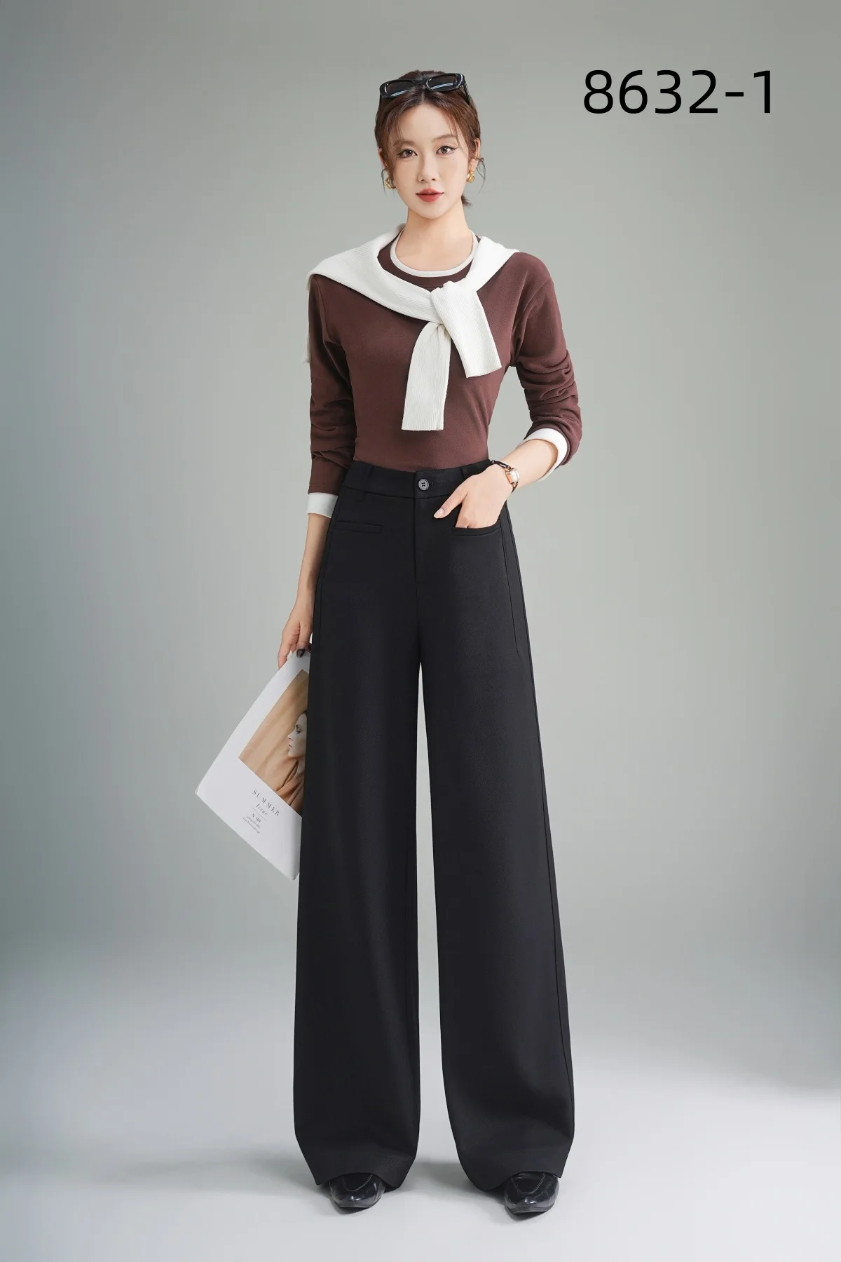 Women's Winter Casual Style Loose Straight-Cut Wide-Leg Trousers Solid Color High Waist Zipper Fly Anti-Wrinkle Long Pants