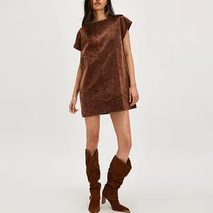 Manufacturer Oem High Street Vintage Short Sleeve Dress Custom Solid Color Backless Heavyweight Suede Mini Dress
