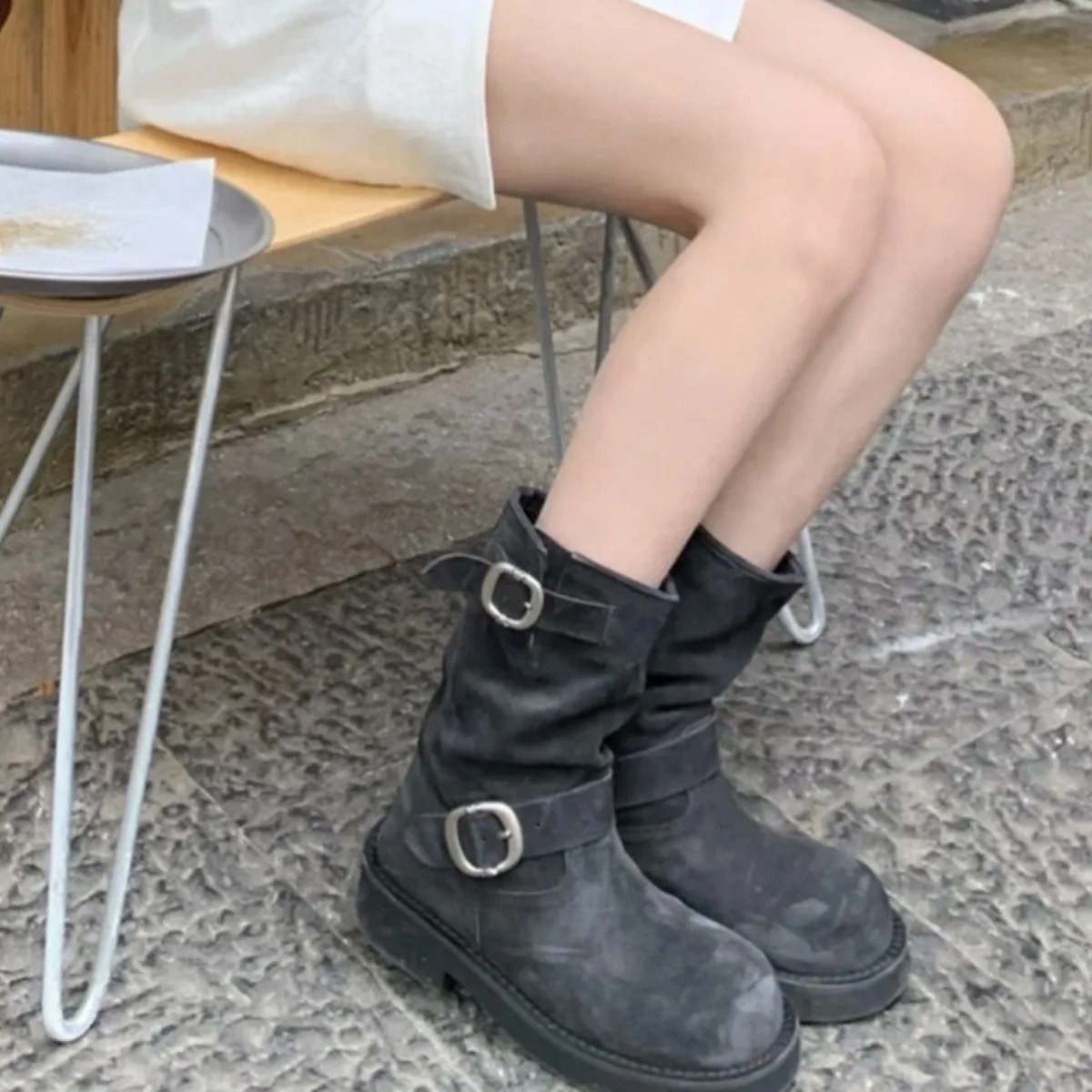 Genuine Leather Mickey Cowboy Boot Chelsea Black Big Toe Thick Sole Derby Shoes Women Ankle Boots - Image 5