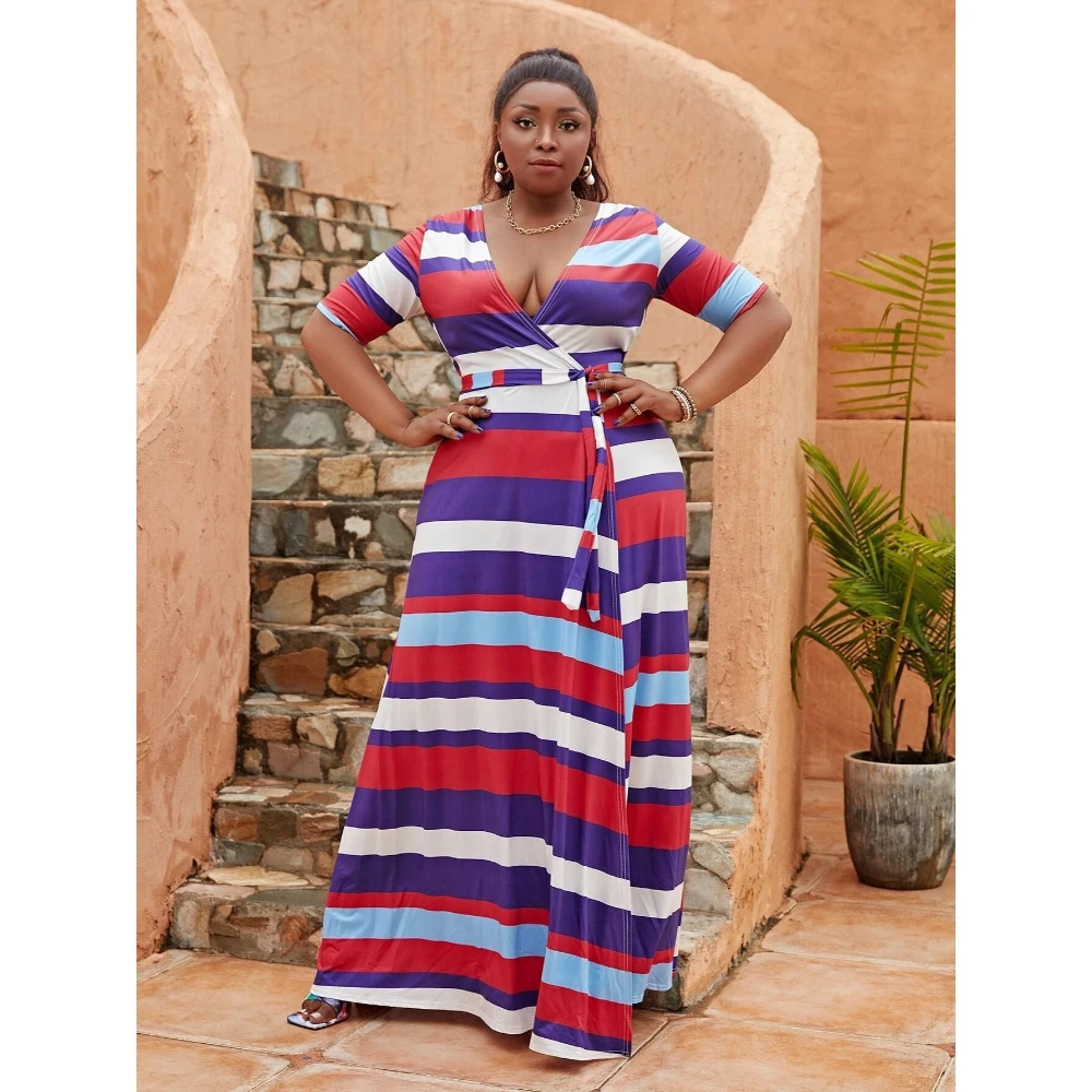 SOMTHRON Women's Plus Size Maxi Dress - Striped Sleeveless Sundress With Belt & Pockets - View #10