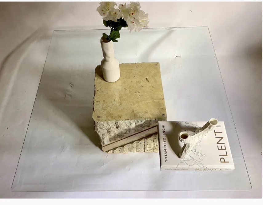 Luxury Stone Art Table square Side End Tempered Glass Table Top With Base Natural Marble Travertine Coffee Center Table Glass
