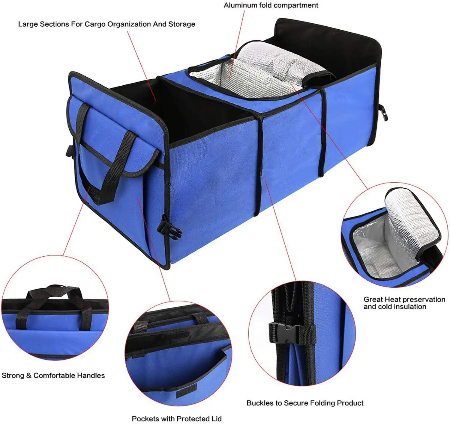 Car Trunk Organizer with Cooler Bag for Hot/Cold Food While Traveling Shopping Camping, Collapsible Auto Trunk Storage Box