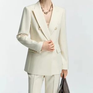 Professional Women's 2-Piece Beige Slim Suit with Embroidery Button Host Photogenic Business Outfit