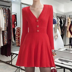 Autumn New Arrival French Socialite Chic and Elegant V-Neck Regular Fit Eco-Friendly Breathable Crystal Button Knit Dress